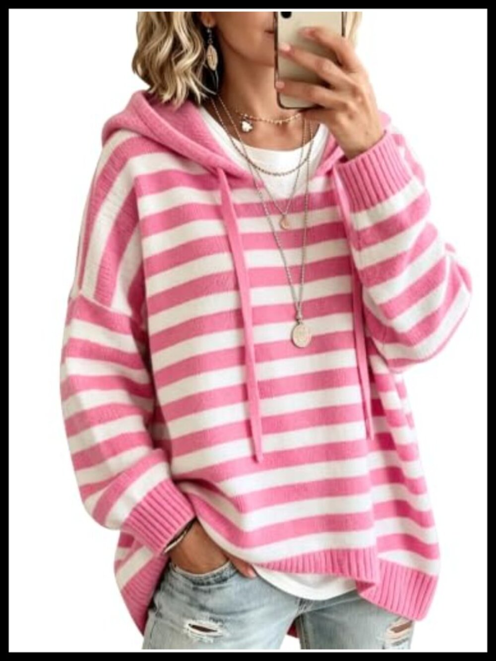 Wool Blend Hooded Pullover Sweater Striped Oversized Long Sleeve Casual Knit